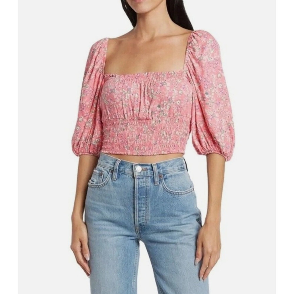 AFRM Ditsy Floral Smocked Puff Sleeve Crop Top Pink L Cottagecore Fairy NWT